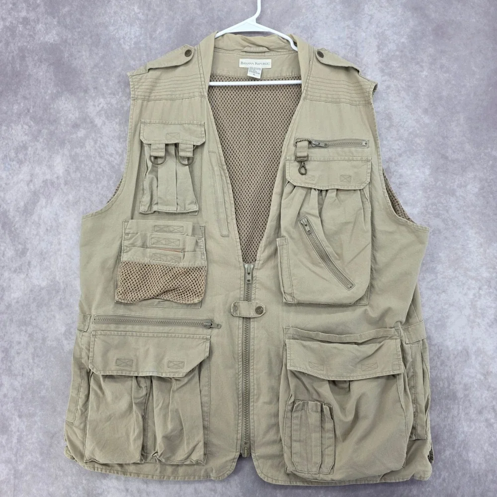 Vintage Banana Republic Safari Fishing Vest Khaki Tan Cotton Utility Mesh XL